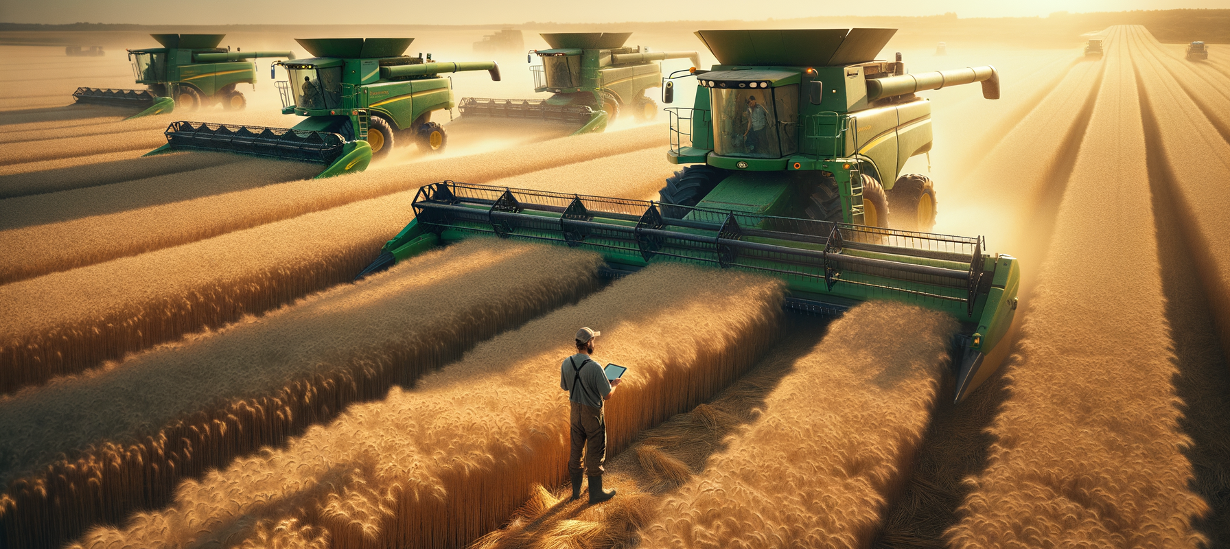 Wheat harvest Krasnodar Region Russia combine harvesters golden hour — agro-industrial investment