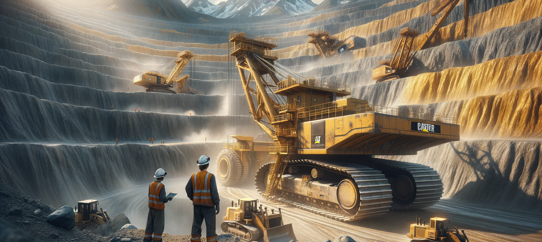 Gold mining open-pit Altai Mountains Russia workers excavators — investment project 4200 hectares