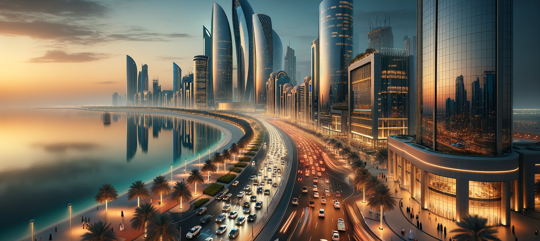 Abu Dhabi Corniche Al Maryah Island skyscrapers dusk — UAE Russia investment forum sovereign wealth capital