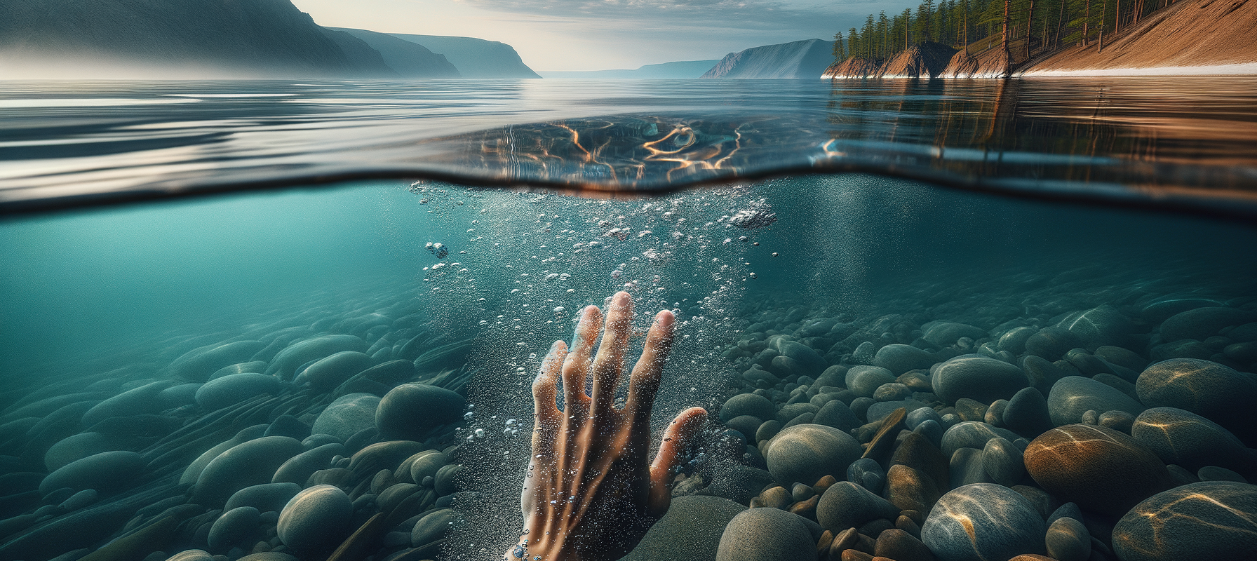 Lake Baikal crystal clear fresh water transparency Russia hand diver — water resource investment